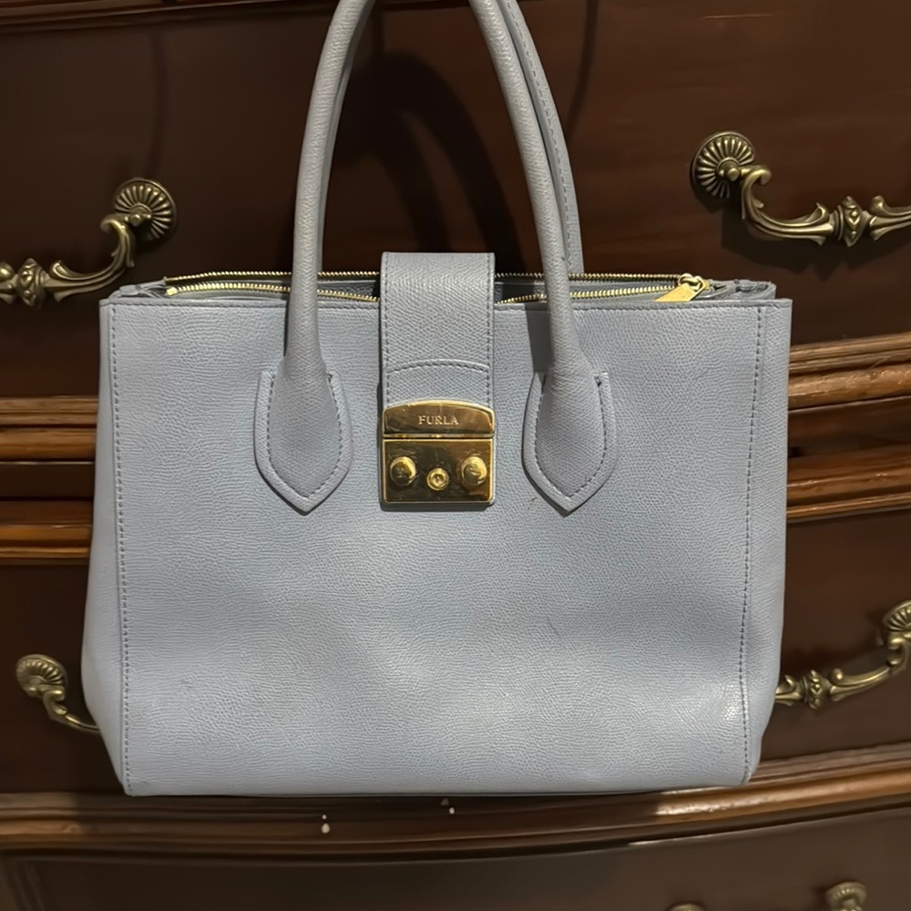 Furla Gray Satchel with Gold-Tone Clasp